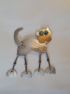 Cat Pin Dangling Legs Whimsical Vintage 1994 Hood Art Works Mixed Metals